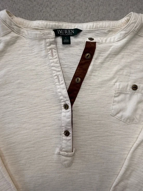 Ralph Lauren Cream Long-Sleeve Henley with Brown Placket - Picture 2 of 4